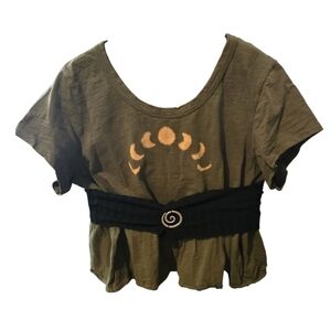 Moon Phase Olive Green Women's Top Belt Upcycle Spiral Accent Witchy Cottagecore